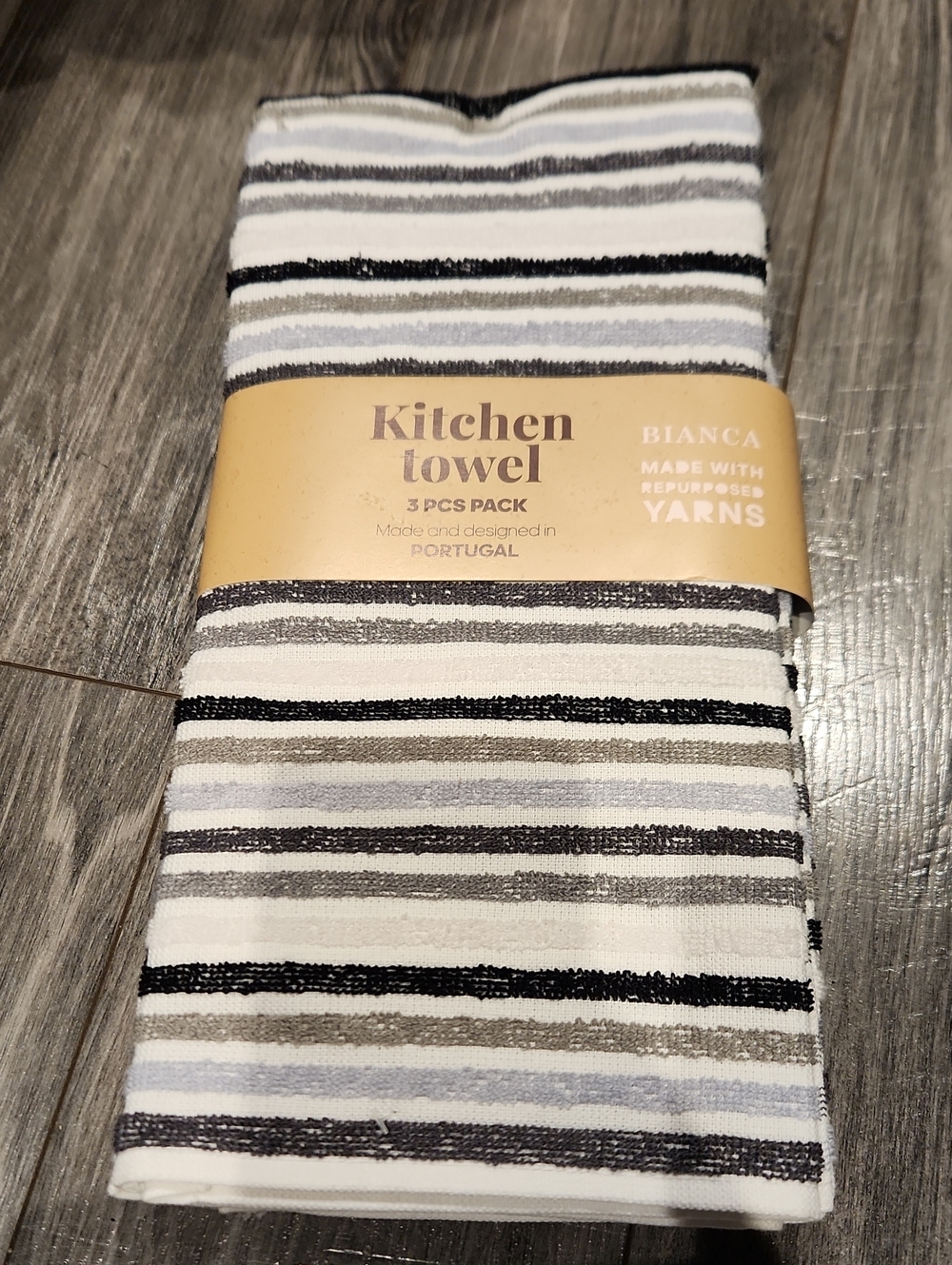 NWT Bianca Striped Kitchen Towels - 3 Pack (White, Black, & Gray)